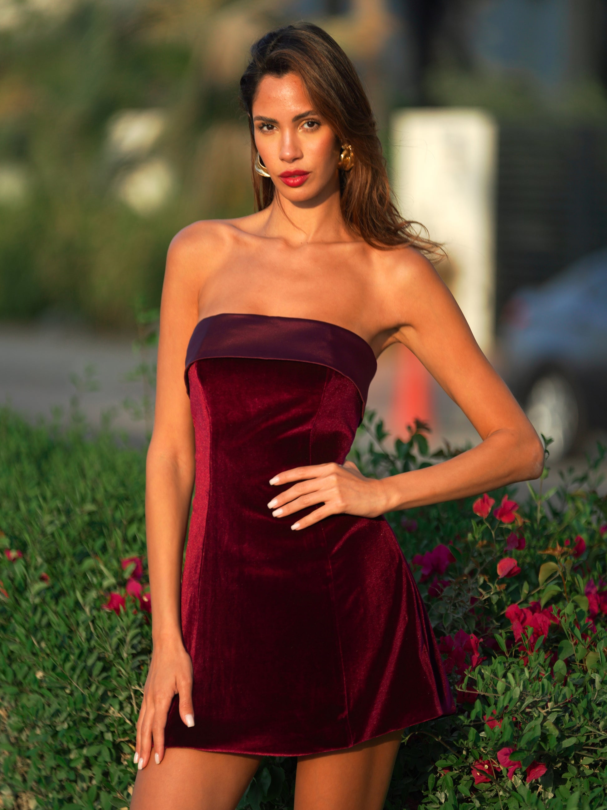 Merlot Mystique Red Velvet Mini Dress - House of Pinks USA